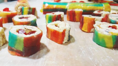 Close-up of sushi served on table