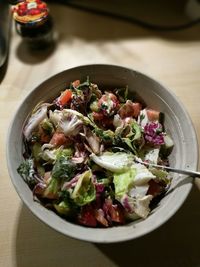 High angle view of salad in bowl on table