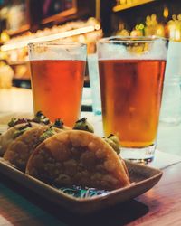 Close-up of beer in glass on table