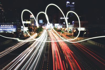 Light trails on road at night