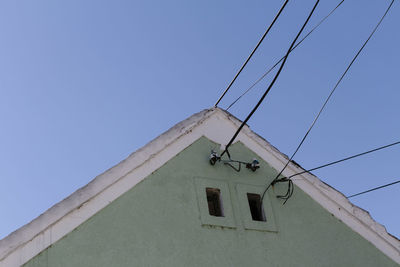 Low angle view of roof against clear blue sky