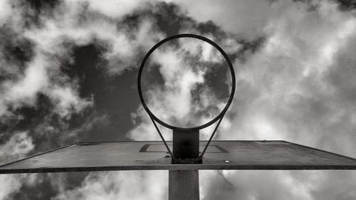 Directly below shot of basketball hoop against cloudy sky