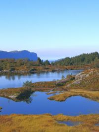 Scenic view of lake against clear blue sky