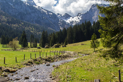 Stream amidst grassy field against mountains