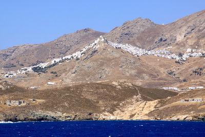 Scenic view of snowcapped mountains against clear blue sky