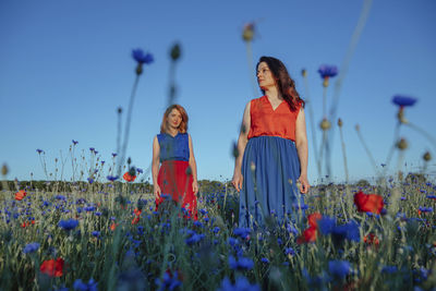 Beautiful women standing in poppy field against clear blue sky