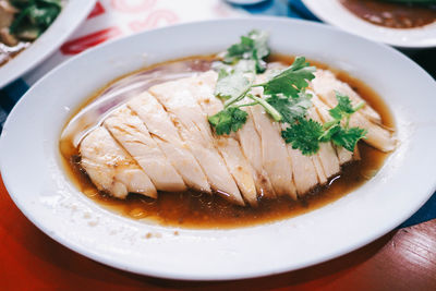 High angle view of soup in bowl on table