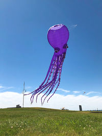 Low angle view of large octopus kite hanging on field against sky