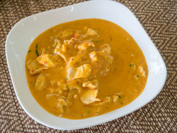 High angle view of soup in bowl on table