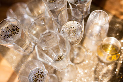 High angle view of wine glass on table