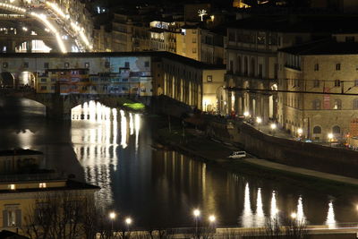 Illuminated buildings by river in city at night