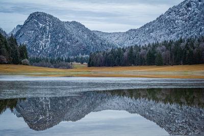 Scenic view of lake by snowcapped mountains against sky