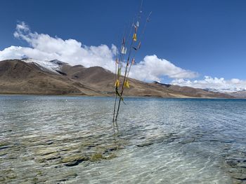 Scenic view of sea by mountains against sky