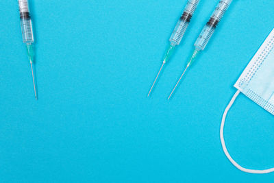 High angle view of blue table