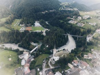 High angle view of houses on field