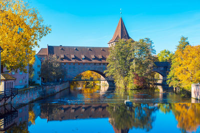 Reflection of trees and buildings in lake against blue sky