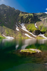 Scenic view of lake and mountains against sky