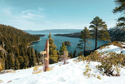 Scenic view of snow covered land against sky