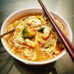 High angle view of soup in bowl