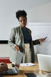 Afro businesswoman explaining graphs in meeting at office