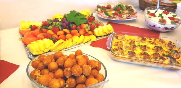 High angle view of vegetables in plate on table