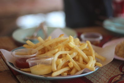 Close-up of noodles in plate on table