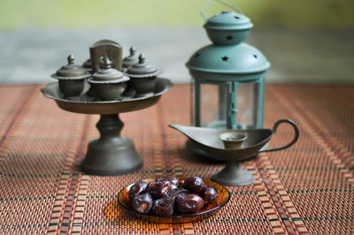 Close-up of candles on table