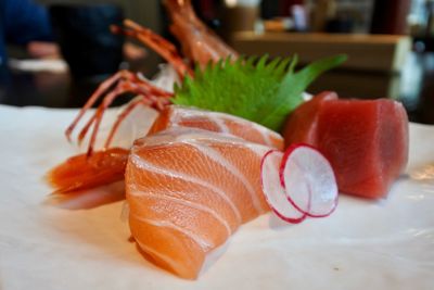 Close-up of seafood served on table