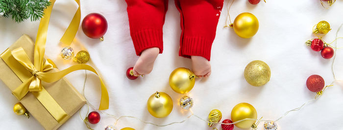 Directly above shot of christmas decorations on table