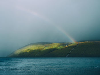 Scenic view of rainbow on mountain by sea against sky