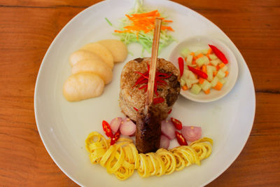 High angle view of food in plate on table