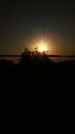 Silhouette trees by sea against clear sky during sunset