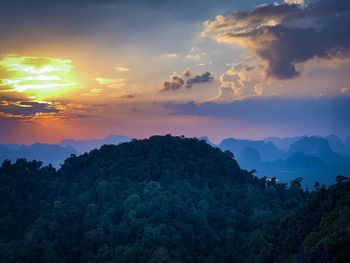 Scenic view of mountains against sky at sunset