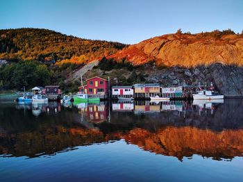 Scenic view of lake against clear sky during autumn