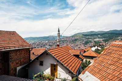 High angle view of buildings in city