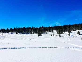 Scenic view of snow covered landscape against blue sky