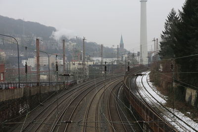 Railroad tracks amidst trees against sky