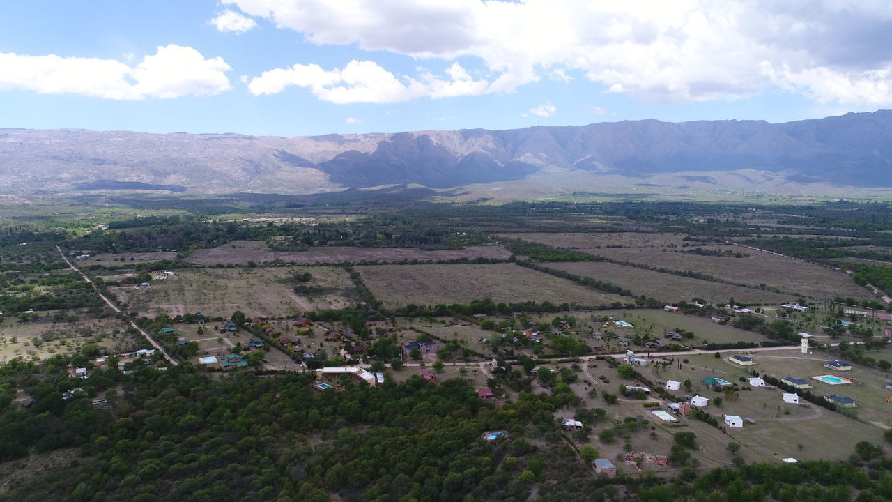 HIGH ANGLE VIEW OF AGRICULTURAL LANDSCAPE AGAINST SKY