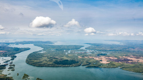 Aerial view of sea against cloudy sky