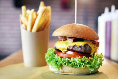 Close-up of burger on table