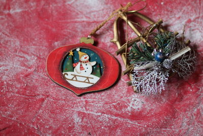 High angle view of red chili peppers on table