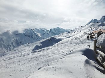 Scenic view of snow covered mountains against sky