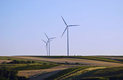 Wind turbines in field against clear blue sky