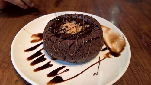 High angle view of cake in plate on table
