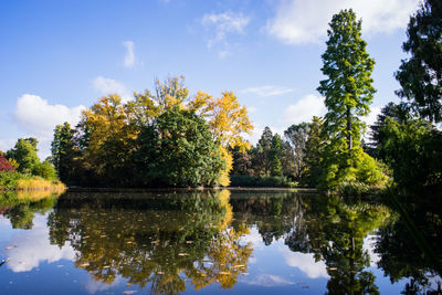 Reflection of trees in lake against sky