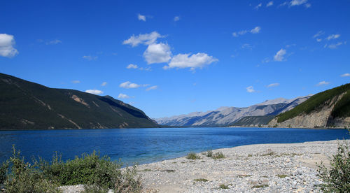 Scenic view of lake against cloudy sky