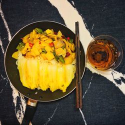 High angle view of breakfast on table