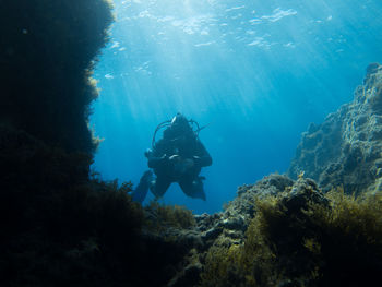 Low angle view of person scuba diving over coral in mediterranean sea