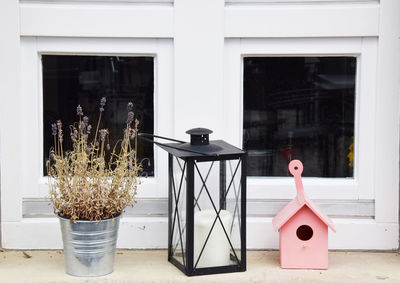 Potted plant with lantern and birdhouse on window sill