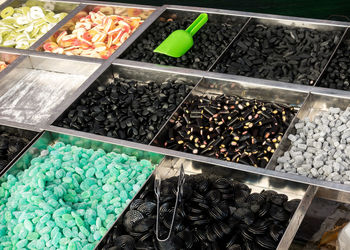 High angle view of food for sale at market stall